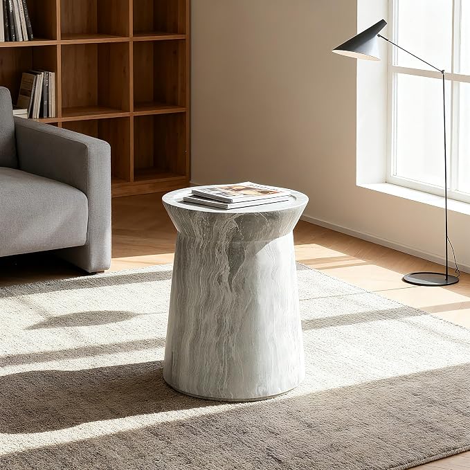 Outdoor Side Table Round Concrete Side Table Faux Stone End Tables Cement Accent Tables Patio Garden Stool Plant Stand for Porch, Backyard Balcony,12.8",Grey