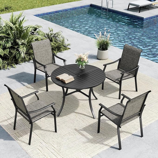 MFSTUDIO 5 Piece Outdoor Dining Set w/Round Metal Table & Sling Chairs | Weather-resistant, 4 person, Breathable & quick-drying Textilene, Umbrella hole, Outdoor deck backyard