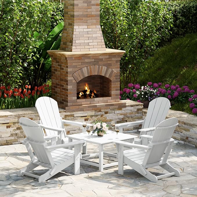 Costaelm Patio Conversation Set, 5 piece Balcony Furniture, Small Patio Firepit Furniture Outdoor Adirondack Square Coffee Table and Chair for Backyard Lawn Porch Pool Garden, White
