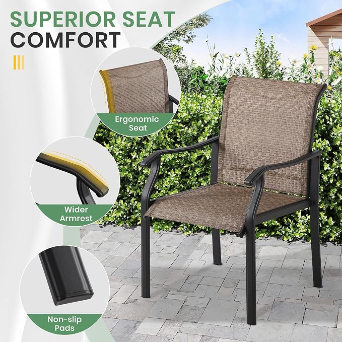 LVUYOYO 5-Piece Outdoor Patio Dining Set, Textilene Dining Chairs & Round Table Set, All-Weather Table and Chairs Set with Umbrella Hole for Backyard, Garden,Balcony,Porch (Brown)