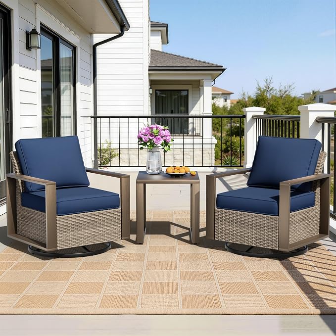 Outdoor Swivel Rocker Metal Chairs Set of 2 with Small Coffee Table - 3 Pieces Patio Bistro Set with Rectangular Framed Wood-Looking Metal Armrest, 360 Degree Glider Chairs, Dark Blue