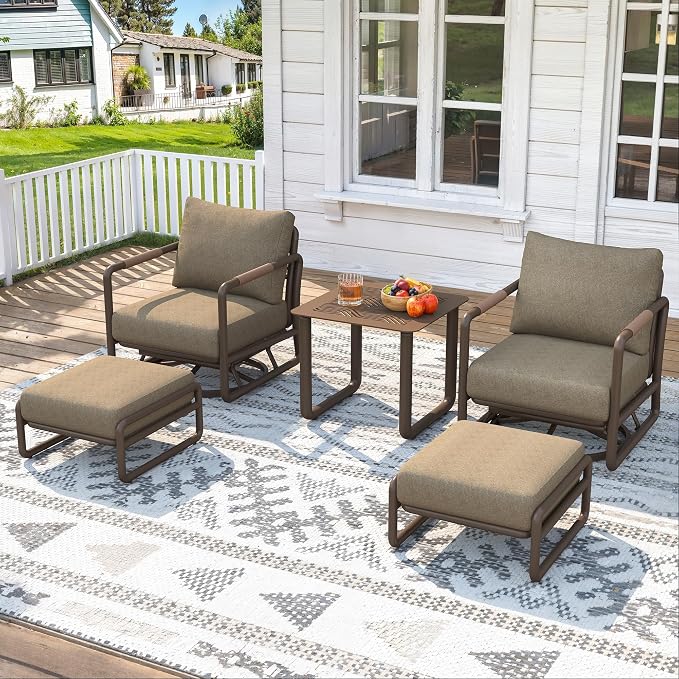 5-Piece Aluminum Outdoor Swivel Rocker Set with Ottomans, 6.5" Thick Cushions & 380LBS Capacity, Side Table Included for Porch, Backyard
