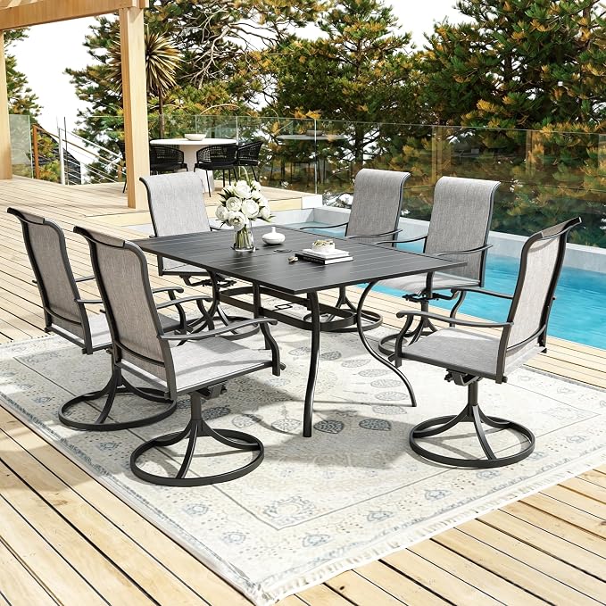 Anmutig 7-Piece Patio Dining Set, Outdoor Furniture 6 Sling Dining Swivel Chairs and Steel Frame Slat Larger Rectangular Table with 1.57" Umbrella Hole for Backyard, Grey
