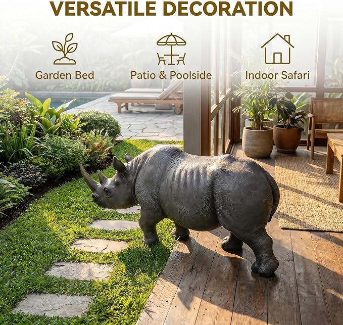 28" Large Rhinoceros Garden Statue | Realistic Resin, Weatherproof, Outdoor Wildlife Sculpture, Yard Lawn Patio Safari Decor