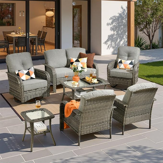 7 Pieces Patio Conversation Sets,Patio Furniture Set with Swivel Rocking Chairs,Coffee Table, Side Table, All Weather Rattan Wicker Outdoor Sectional Furniture Set for Porch Balcony Backyard Dark Gray