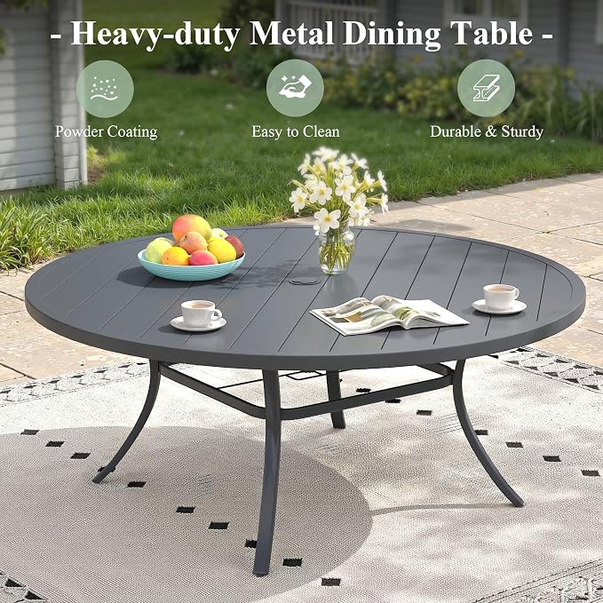 11 Pieces Outdoor Dining Set, 63" Round Table with Umbrella Hole & Stackable Patio Dining Chairs, Patio Table and Chairs Set for Deck Garden Porch, Grey Chairs & Dark Grey Table