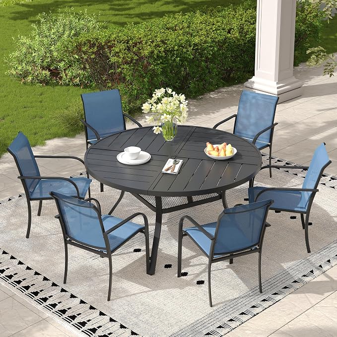 7 Pieces Outdoor Dining Set, Stackable Textilene Paito Chairs & 47.1" Round Dining Table with Umbrella Hole and Shelf, Patio Dining Set for Backyard, Deck, Garden, Dark Blue & Black