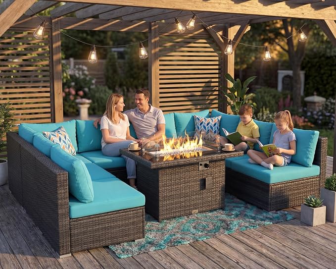 NICESOUL Extra Large 9 Piece Patio Furniture Set with Fire Pit Table Natural Gas & Propane, 29.3'' High Back Rattan Outdoor Conversations, 8 Seater Modular Sofa Set, 2 Color Cushions Turquoise & Gray
