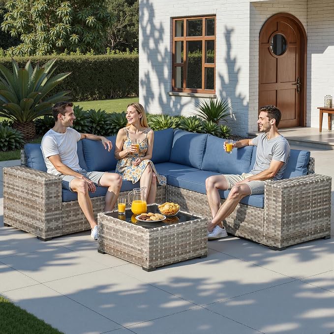 6 Pieces Patio Furniture Set, Outdoor Wicker Sectional Sofa with 7.7" Extra Wide Armrests, Modern Rattan Modular Conversation Set with Thickened Deep Seat Cushions for Garden Backyard, Denim Blue