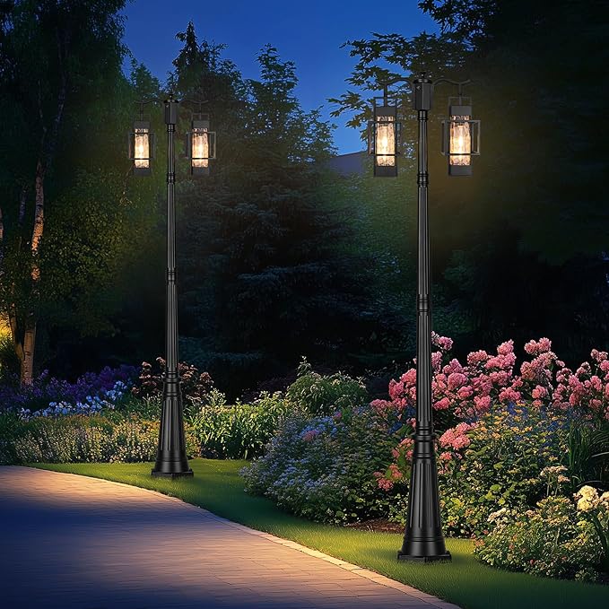 Dusk to Dawn Outdoor Lamp Post Light 2-Head, Hardwired Street Light Post for Outside Metal Pole Light Outdoor Lighting with Water Glass Shade for Garden Patio Backyard Walkway Driveway
