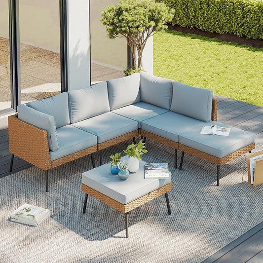 Aoxun 6 Piece Patio Furniture Set, 6 Seats Outdoor Sectional Sofas with Thick Cushion, Wicker Outdoor Patio Furniture Set with Ottomans for Party, Garden, Backyard, Grey