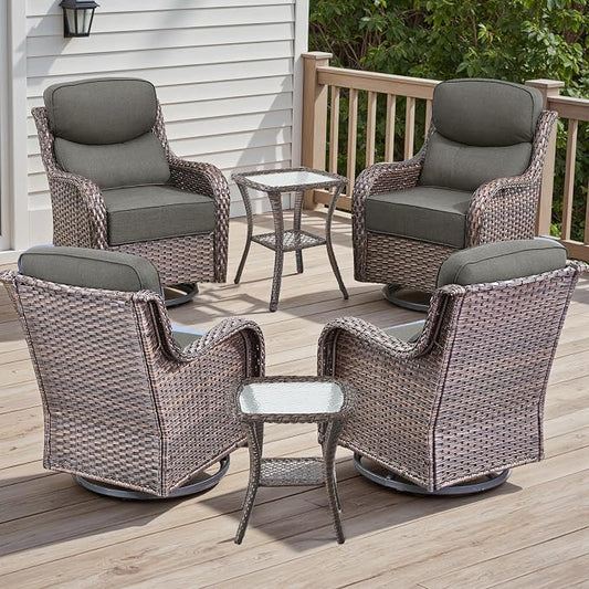 Rilyson Outdoor Patio Furniture Set - Weather Resistant Wicker,High Back,6 inch Cushions,6 Piece Patio Furniture Set with Swivel Rocker Chairs and Side Table for Deck Porch Yard,Brown/Grey