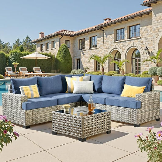 CAODOC Outdoor Sectional Patio Furniture Set,6 Pieces Wicker Conversation Sets L Shaped Couch,Outdoor Sofa Outside Furniture with Solar-Powered Coffee Table(Light Blue)