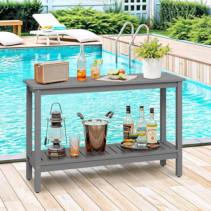 SUPER DEAL 48 inch Outdoor Console Table, 2-Tier Solid Wood Side Table Multifunctional Buffet Bar Storage Organizer with Adjustable Feet for All-Weather Indoor Outdoor Porch, Grey
