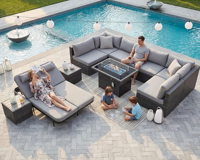 NICESOUL 11 Piece Outdoor Patio Furniture Set with Fire Pit Natural Gas/Propane, 29.3'' High Back Comfy Wicker Patio Sectional with Firepit & Chaise Lounge, 8 Seats Big Deep Couch for Backyard, Grey