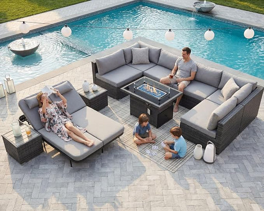 NICESOUL 11 Piece Outdoor Patio Furniture Set with Fire Pit Natural Gas/Propane, 29.3'' High Back Comfy Wicker Patio Sectional with Firepit & Chaise Lounge, 8 Seats Big Deep Couch for Backyard, Grey
