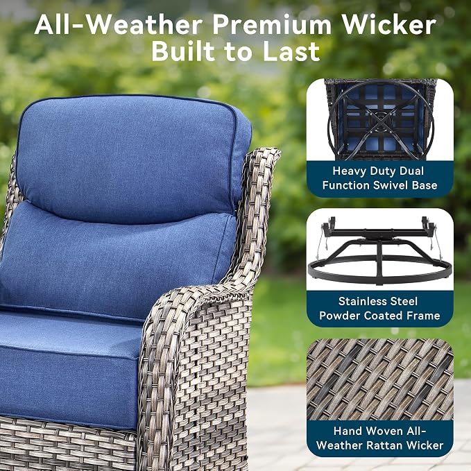 Luxury High Back Outdoor Furniture 6-Inch Thick Cushions with 50,000 BTU Gas Propane Fire Pit Tablet, Patio Furniture Set with Swivel Chairs, 8 PCS for Porch, Balcony, Deck and Yard