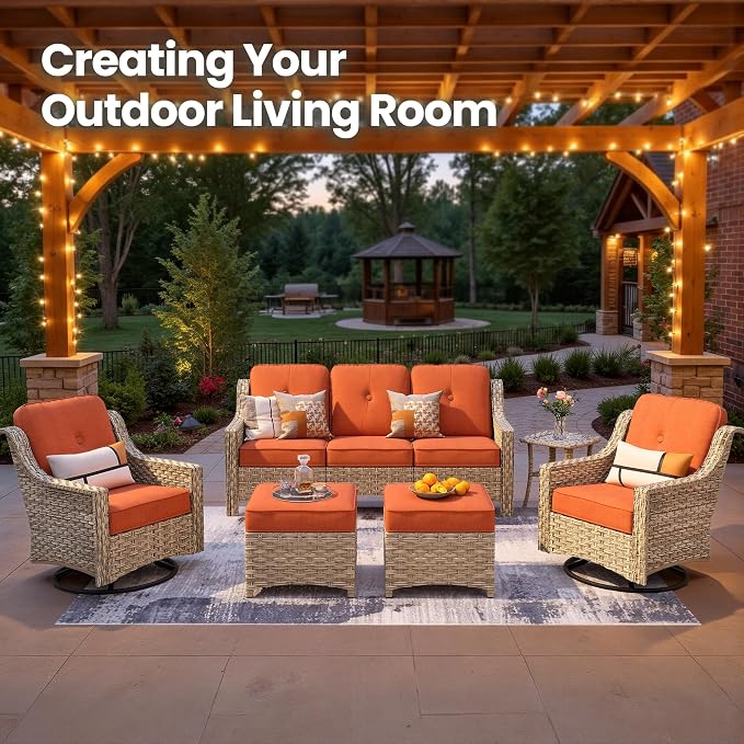 6 Piece Patio Furniture Set with Swivel Rocker Chairs, Outdoor Wicker High Back Sofa Glider Chair Ottoman with Cushion, All Weather Conversation Sets for Backyard Poolside Deck Bold Orange