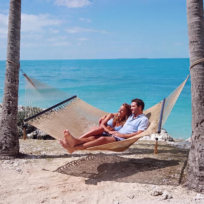 PNAEUT 2 Person Caribbean Rope Hammocks for Outside, 12ft Handwoven Polyester Double Hammock with Spreader Bar for Outdoor Indoor, Max 600 lbs Capacity (Tan)