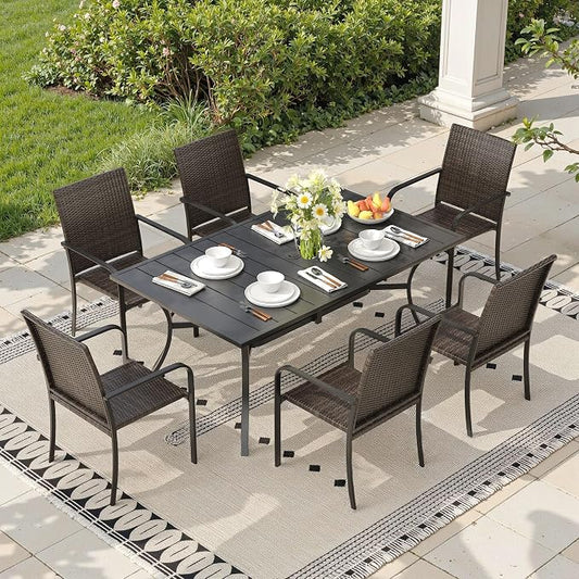 Outdoor Dining Set for 6, 59.2" Metal Rectangular Outdoor Dining Table with Umbrella Hole and Wicker Stackable Patio Chairs, 7 Pieces Patio Table and Chairs Set for Garden Backyard, Black
