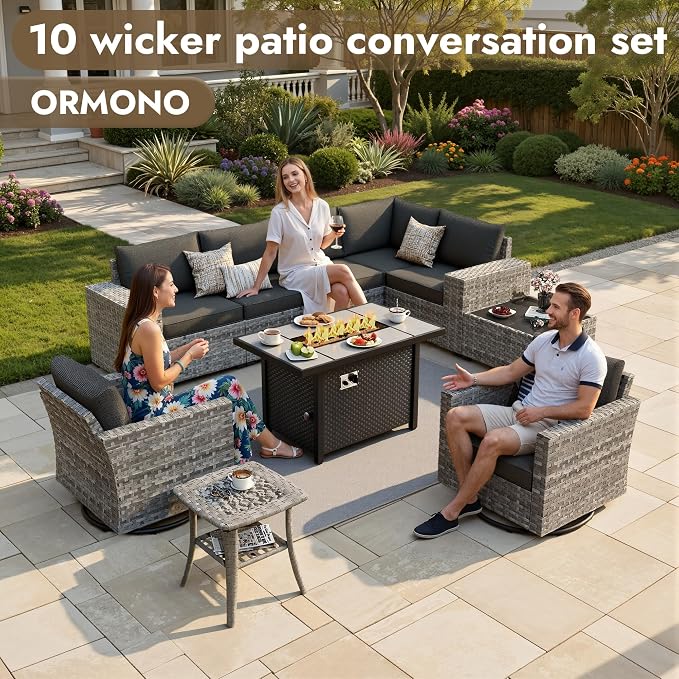 10 Pieces Outdoor Patio Sectional, Wicker Patio Furniture Set with 42 inch Fire Pit Table, All-Weather L Shaped Patio Conversation Set with Swivel Chairs, for Backyard Porch Yard,Black
