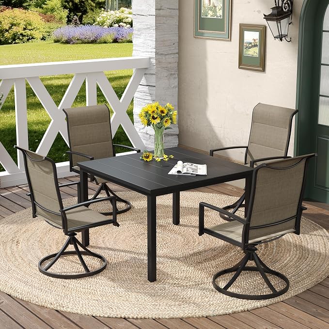 DIFY 5 Piece Outdoor Patio Dining Set for 4, 40.2" Black Square Metal Dining Table and Swivel Patio Chairs with Brown Padded Textilene, All-Weather Outdoor Furniture Set for Garden Backyard Porch