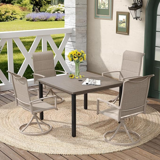 DIFY 5 Piece Outdoor Patio Dining Set for 4, 40.2" Grey Wood-Like Square Metal Dining Table & Swivel Patio Chairs with Sandshell Padded Textilene, All-Weather Outdoor Furniture Set for Garden Backyard