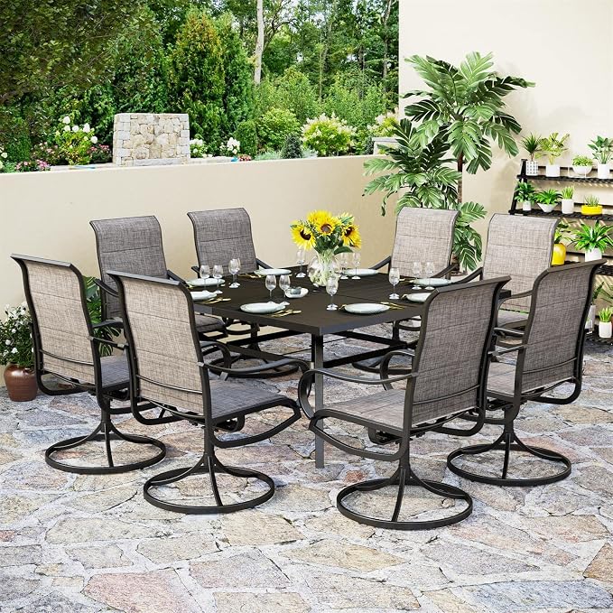 PHI VILLA Outdoor Dining Set for 8 w/Metal Table & Padded Swivel Chairs | High back chairs，All weather reistant, Metal table, 8 person, Umbrella hole, Patio deck backyard