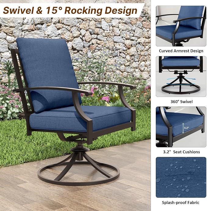 ALAULM 9-Piece Patio Dining Set,Outdoor Metal Dining Set with 2 Swivel Chairs & Rectangle Table with 1.5 Umbrella Hole, Patio Dining Table and Chairs for Backyard,Navy