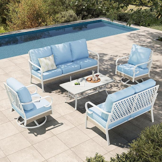 HERA'S HOUSE 5 Piece Metal Patio Furniture Set, 7 Seats All Weather Outdoor Conversation Set, 3 Seat Sofa with Loveseat, 2 Swivel Chairs, Coffee Table for Backyard, Garden, Deck, White/Blue
