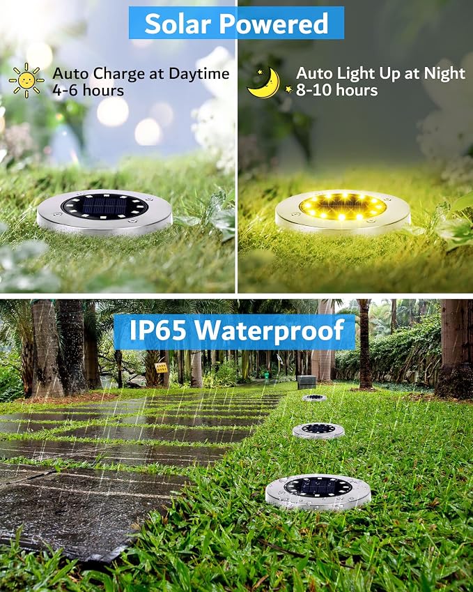Biling Solar Ground Lights Outdoor Bright Waterproof 8 Pack Warm White | Flat 12 LEDs Solar Outdoor Lights Longevity, Easy To Assemble and Use, for Yard Walkway Garden Driveway