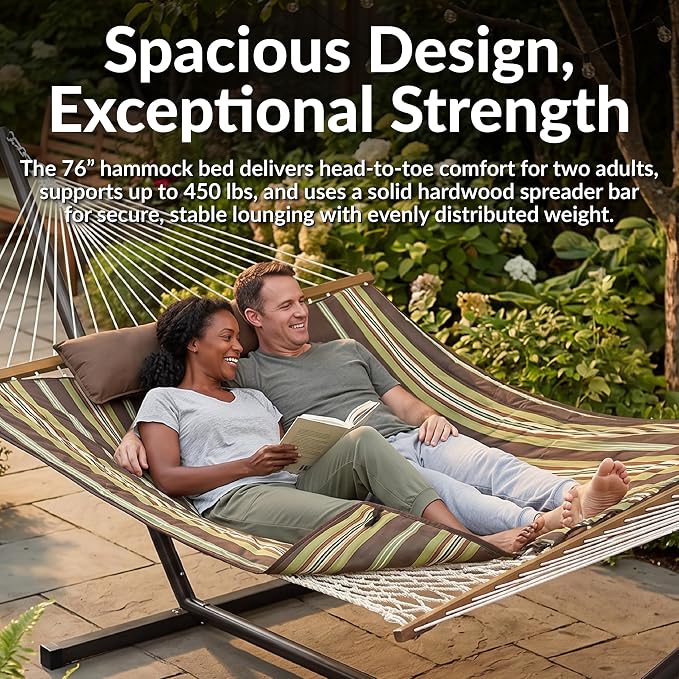Sunnydaze Rope Double Hammock with Stand for Outside - Heavy Duty Freestanding Portable Outdoor Hammock Set with Quilted Pad, Pillow, and 12-Foot Steel Frame - 450 lb Capacity - Desert Stripe