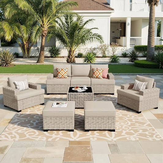 Weaxty 8 Pieces Outdoor Furniture Set, Patio Sectional Sofa Wide Seats Couch Chair with Ottoman Solar Table, Thick Cushion All-Weather Rattan Patio Conversation Sets for Backyard Porch Deck, Beige