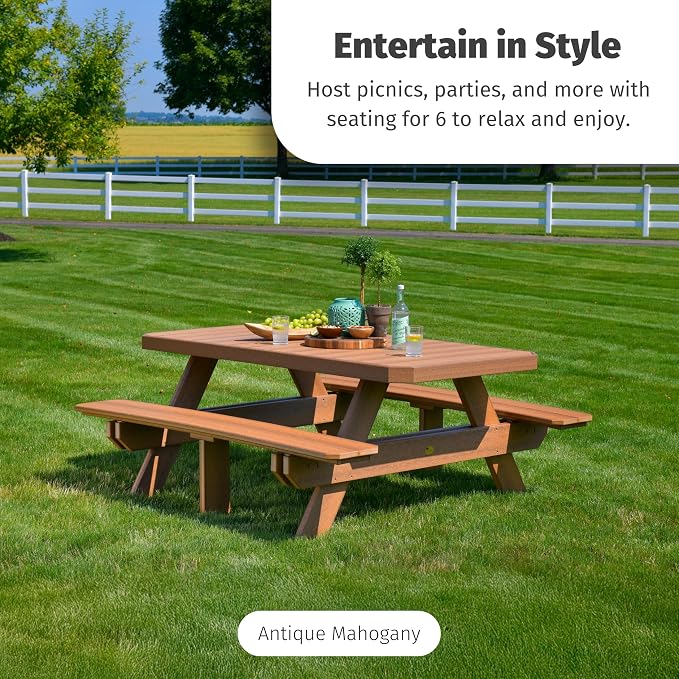 LuxCraft 6 Foot Poly Rectangular Picnic Table - Outdoor Furniture, Dining Height Table with Umbrella Hole, Seats 6 Adults, All Weather - Amish Made in USA (Birch & White)