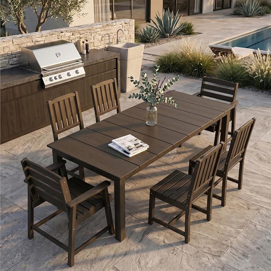PLUUV 7-Piece Outdoor Patio Dining Set, All-Weather HDPE Dining Furniture Set with Umbrella Hole Cut-Out Table, Aluminum Table Legs, and 6 Chairs, Waterproof & Easy Clean for Backyard, Garden, Coffee