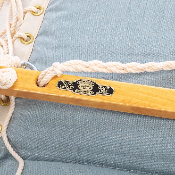 Original Pawleys Island Sunbrella Cushioned Single Swing – Cast Mist, Oak Spreader Bar, 350 lb Capacity, 24 in. x 24 in., Handcrafted in The USA