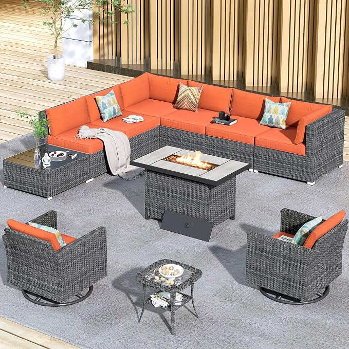 HOOOWOOO 11 Piece Patio Sectional Furniture Set with Fire Pit Table,Modern Wicker Outdoor Conversation Sofa Sets,Weather Resistant Modular L Shaped Outside Couch Swivel Chairs Set(Orange Red)