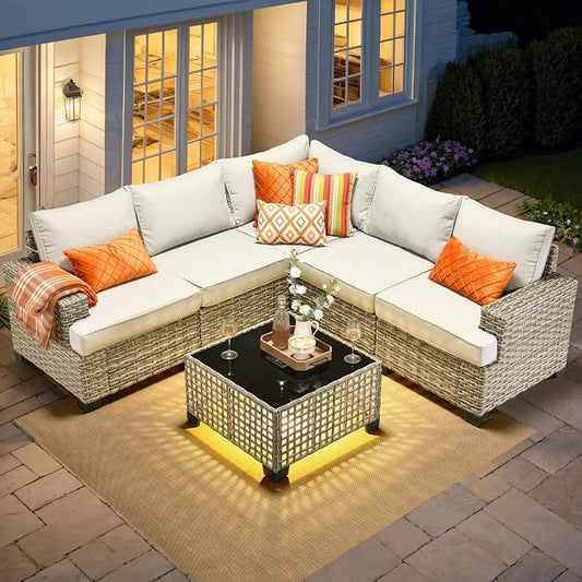 6 Pcs Outdoor Sectional Patio Furniture Set - All Weather Wicker Modular L Shaped Outside Sectional Sofa Couch,Patio Seating Outdoor Conversation Sets for Deck Yard Garden,Grey