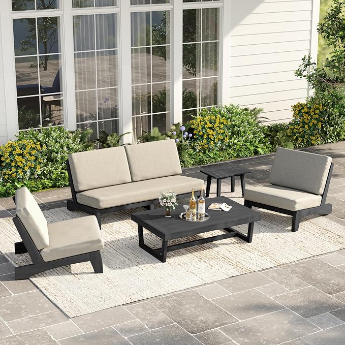 4 Piece Teak Outdoor Patio Frutnire Set, 5 Seater Patio Conversation Sets with Thick Cushions, Outdoor Sectional Furniture with Coffee Table - Light Camel