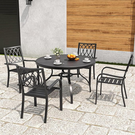 47" Round Wood Patio Table with Umbrella Hole,Outdoor Dining Table with Steel Frame for Patio Garden Deck Dining Room Office