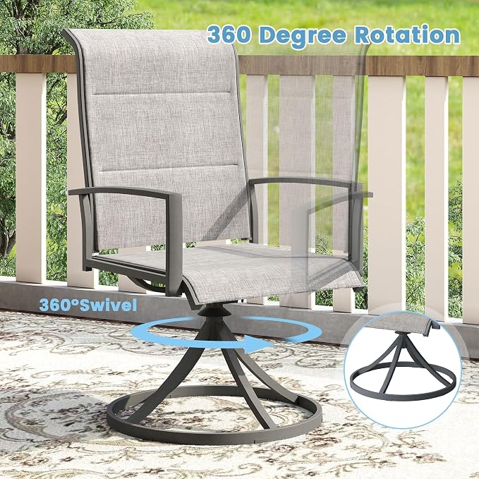 DIFY 5 Piece Outdoor Patio Dining Set for 4, 40.2" Square Metal Dining Table and Swivel Patio Chairs with Padded Textilene, All-Weather Outdoor Furniture Set for Garden Backyard Porch, Grey