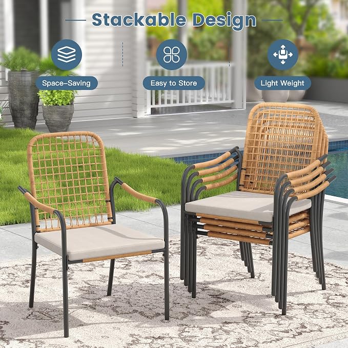 DIFY 9 Pieces Outdoor Dining Set for 8, Patio Furniture Set of 8 Wicker Patio Chairs with Soft Cushions and 60" Black Round Metal Table with Umbrella Hole, for Backyard Garden Deck, Wheat Rattan
