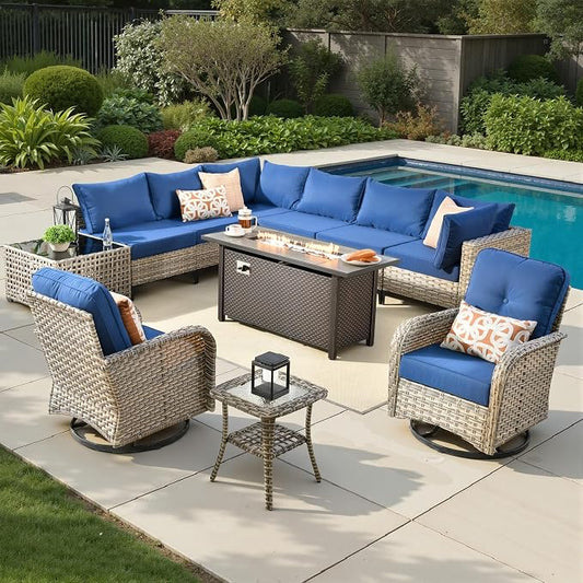 11 Pieces Patio Sectional Furniture Set, Outdoor Wicker Sectional Couch with Firepit Swivel Rocker Chairs Solar Lights Table, Modern Conversation Set for Porch Balcony Backyard, Navy Blue