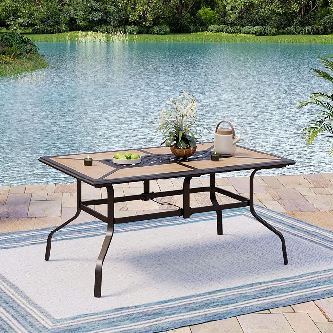 MIXPATIO Outdoor Patio Dining Table for 6, 61" x 38" Rectangular Metal Patio Dining Table with Umbrella Hole for Garden, All Weather Wrought Iron Black Outdoor Table Backyard and Porch