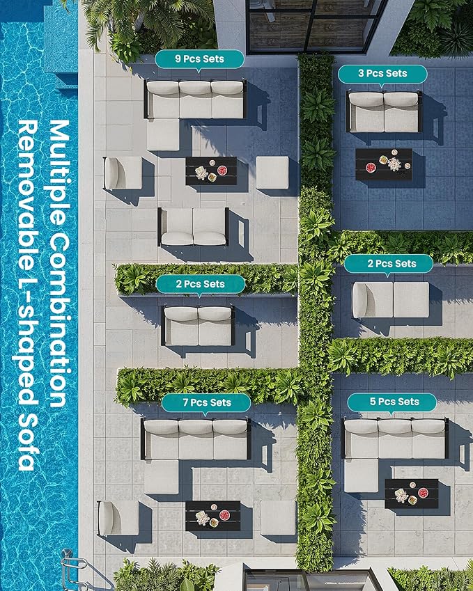 SERWALL 9 Pieces Patio Furniture Set, HDPE Outdoor Sectional Sofas, Outdoor Couch Set with Cushions and Coffee Table, Extra-Large Modular Conversation Set for Garden, Black Frame with Khaki Cushion