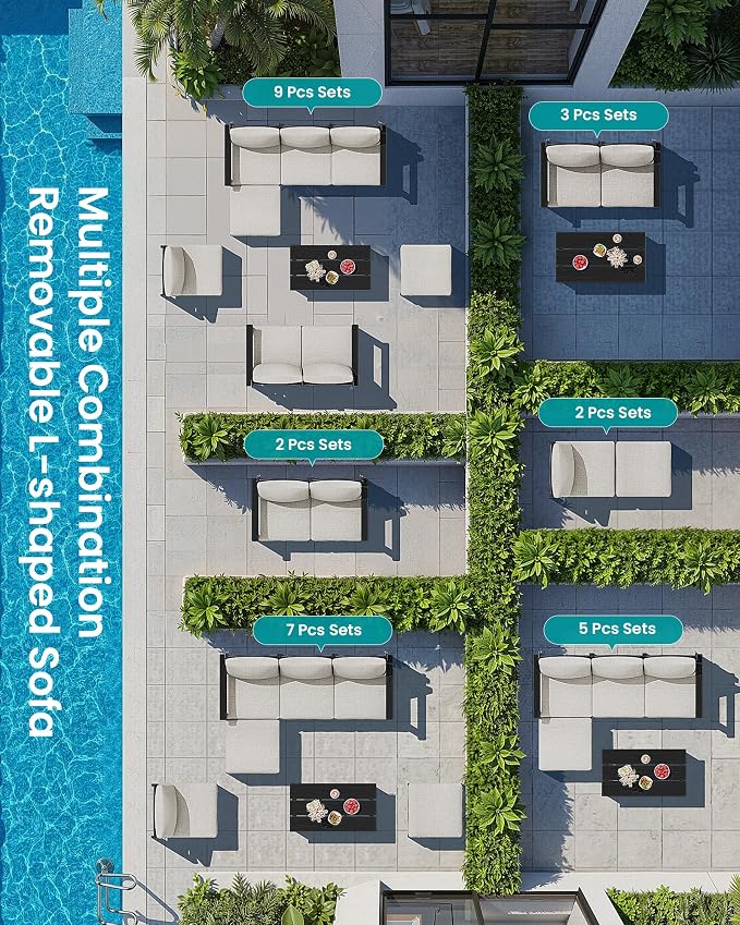 SERWALL HDPE Patio Furniture Set,7 Pieces Patio Conversation Set, All-Weather Modular Patio Sofa Set with Removable Cushions and Coffee Table for Deck, Garden, Porch, Black Frame with Khaki Cushion