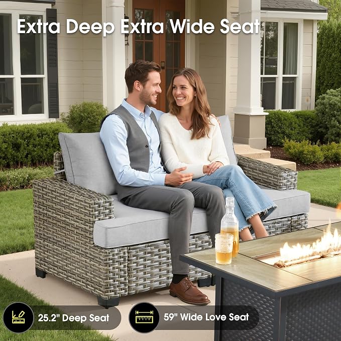 Wicker Patio Furniture Set with Fire Pit Table,9 Pieces Outdoor Sectional with Swivel Chairs Ottoman,Out Door Furniture Conversation Set,Light Grey