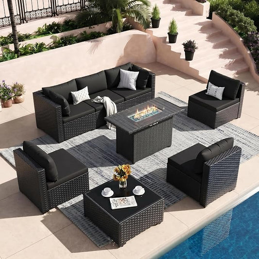 8 Piece Patio Furniture Set with 43" Fire Pit Table, Outdoor Sectional Wicker Sofa Set with Coffee Table (Black/Black)