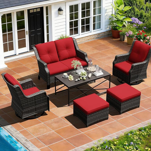 Outdoor Patio Furniture Set, 6 Piece Wicker Patio Furniture with Thick Cushions, Curved Armrest, Deep Seating, Outdoor Swivel Rocker Chairs for Porch, Deck, Balcony