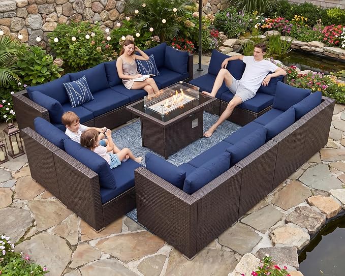 BULEXYARD 13 Piece High Back Wicker Patio Furniture Sets with Fire Pit, Elegant Oversized Outdoor Seating Set Modular, Comfy Extra Deep Wide 12-Person Sectional Couch Sofa for Backyard, Brown & Blue